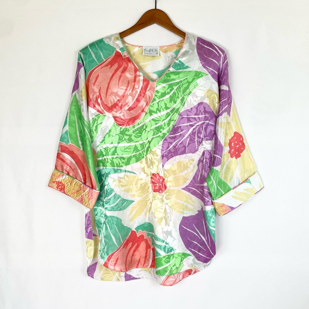 MARY MCFADDEN Collection l 80s Vintage Kaftan Sz S Top Short Sleeve Style 7957